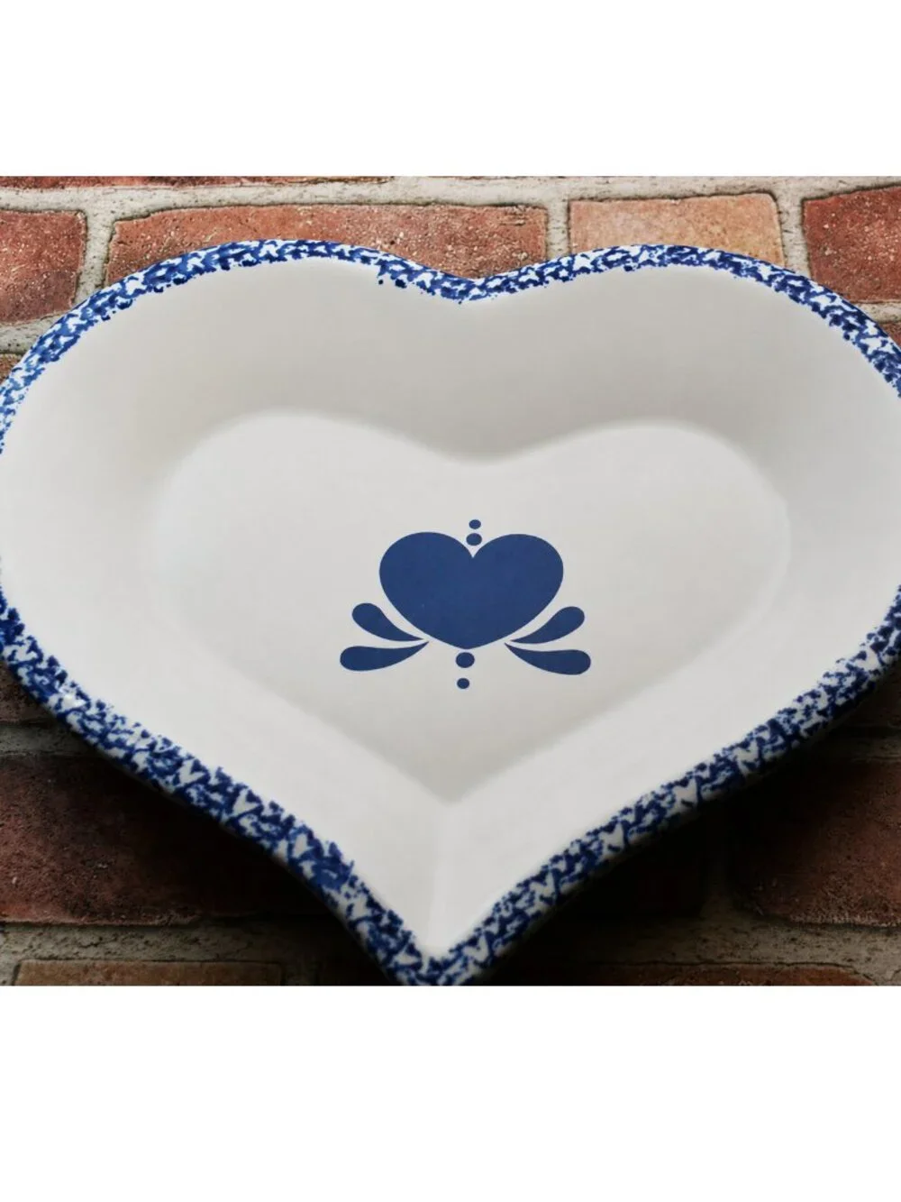 Vintage Blue Spongeware Heart Shaped Stoneware Baking Dish Folkart Decor